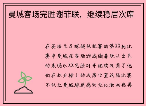 曼城客场完胜谢菲联，继续稳居次席