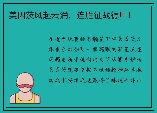 美因茨风起云涌，连胜征战德甲！